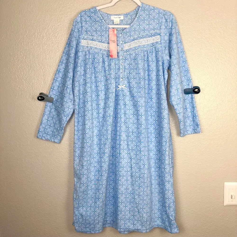 NWT Casual Night Size Medium Blue Fleece Lace Nightgown Sleep Lounge House Dress